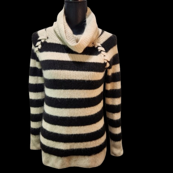 HOLLISTER Soft Stretchy Knit Black Tan Striped Cowl Neck Sweater (S) - Picture 2 of 10